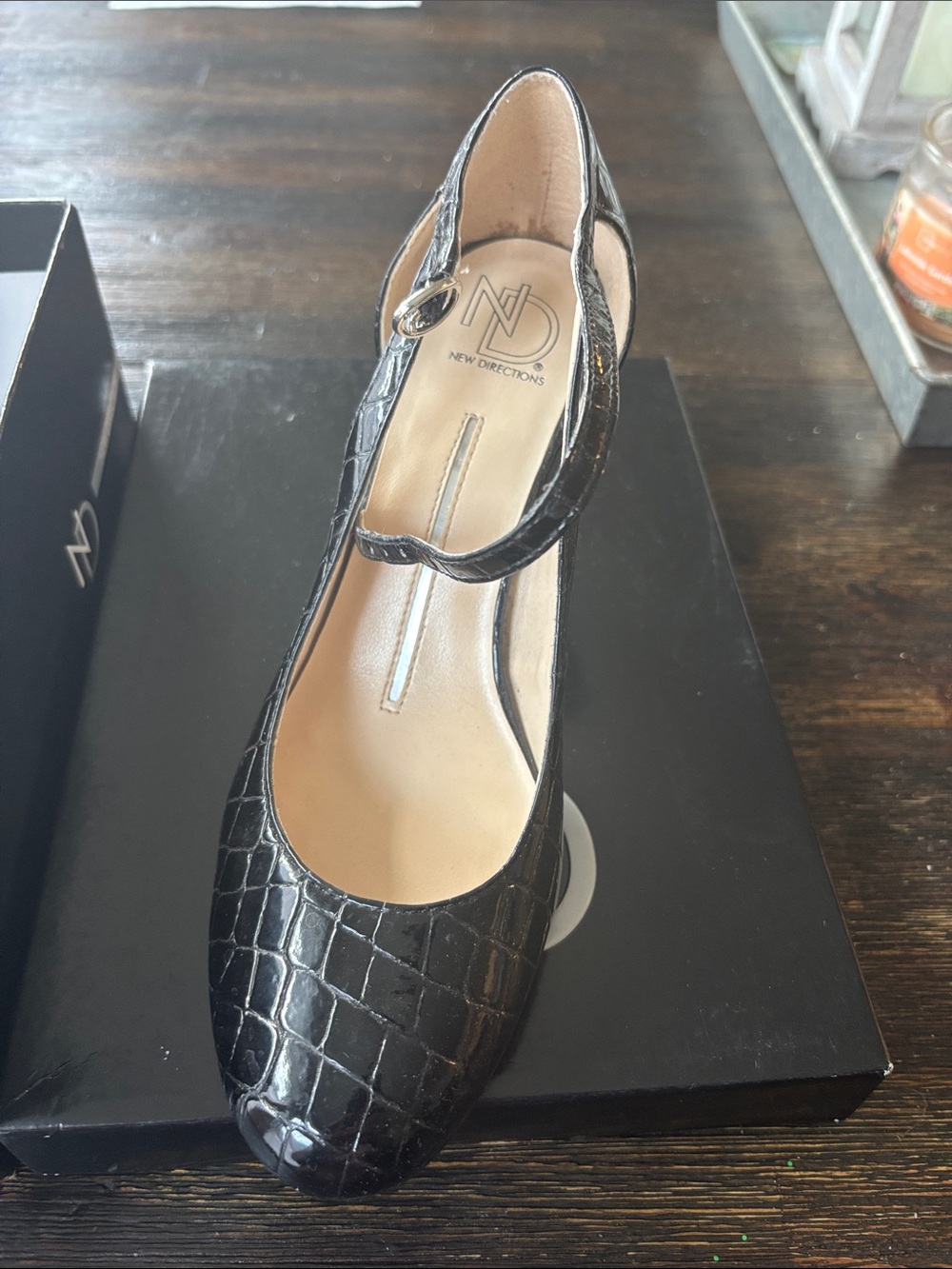 new directions Black Croc-Embossed Mary Jane Heel